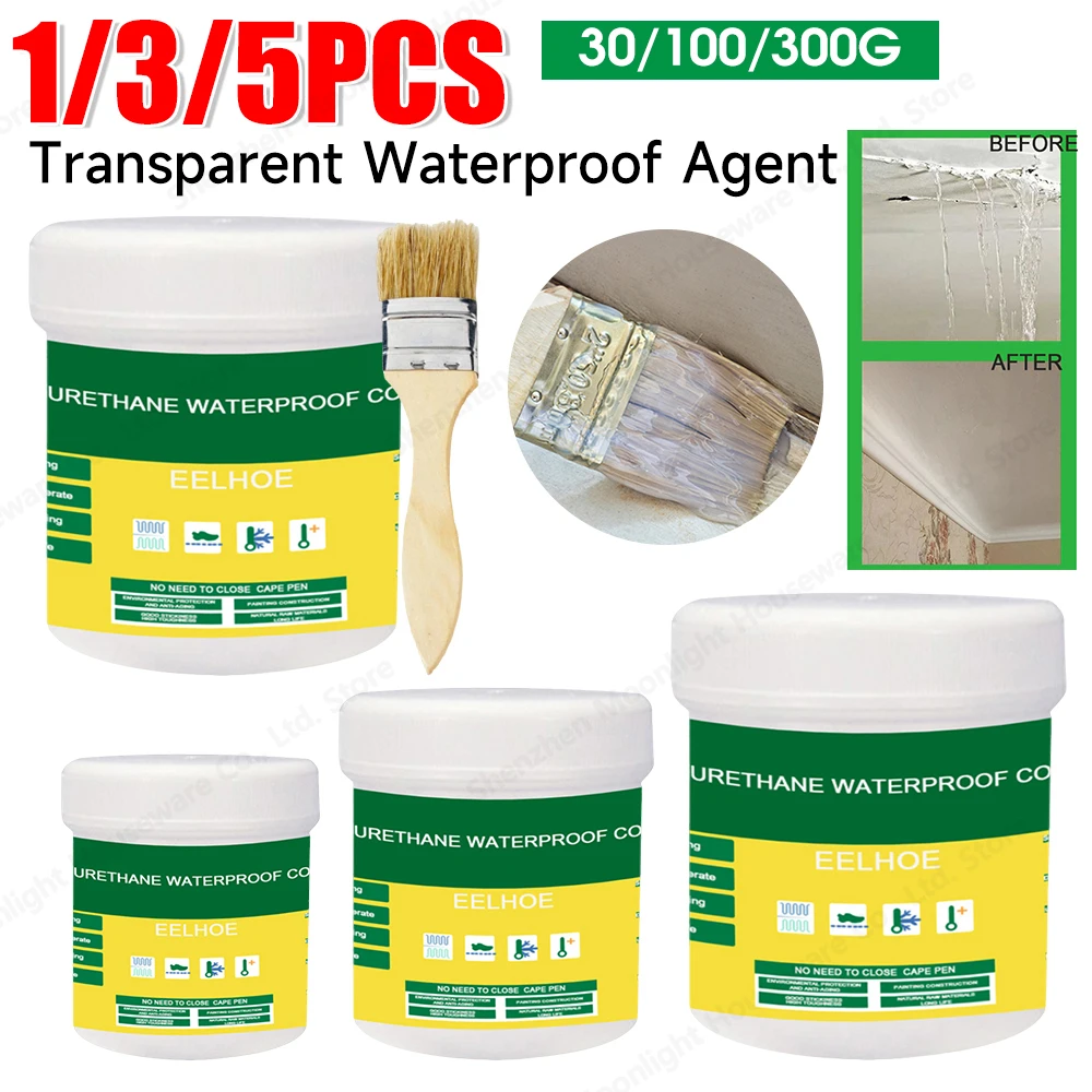 Waterproof Coating Sealant Agent 30/100/300g Transparent Invisible Adhesive with Brush for Home Roof Repair 1-5PCS Set