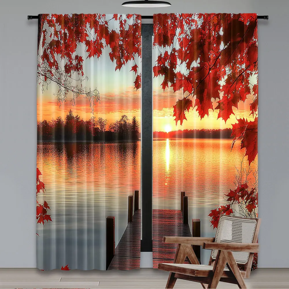 2Pcs Fall Curtains Autumn Lake Thanksgiving Holiday Curtain Maple Leaf Halloween Party Decor Modern Simplistic Drapes A