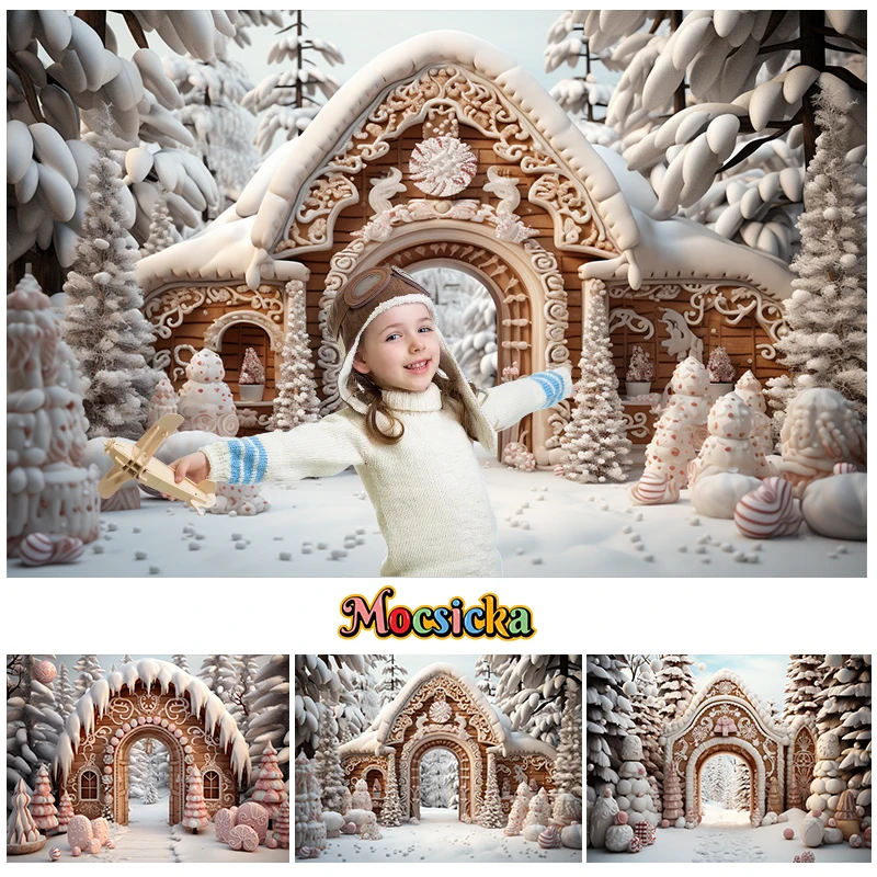 Mocsicka Winter Christmas Arch Backdrop Photography Kids Portrait Cake Smash Decoration Xmas Tree Snow Cookie Toy Backgrounds