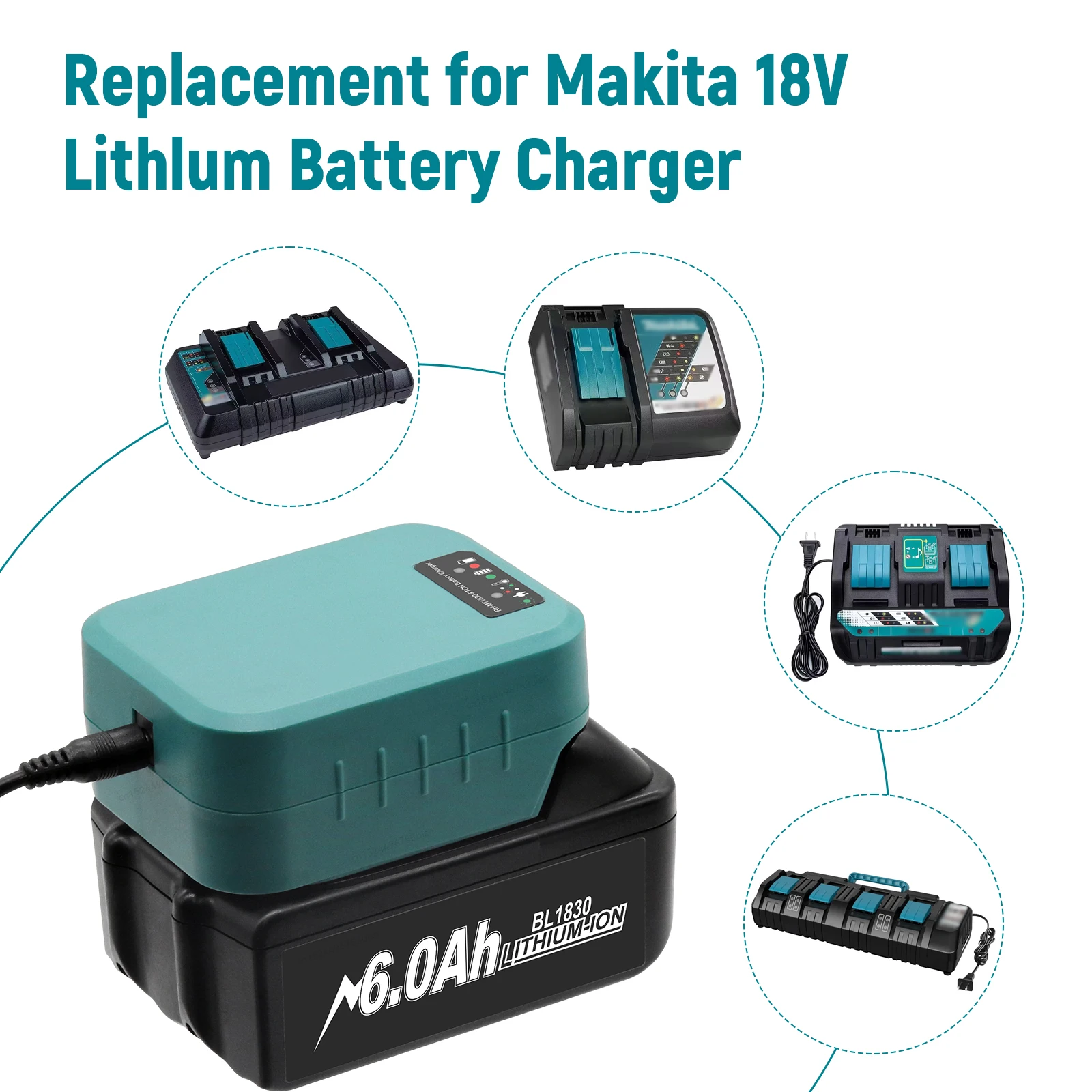 14.4V-18V Li-ion Battery Charger For Makita BL1830 Replacement, For BL1840 BL1850 BL1860 Split Charger,Portable Compact Charger