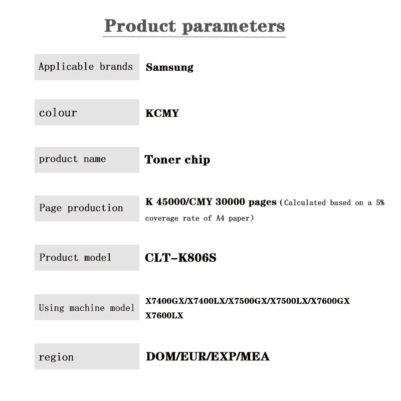 CLT-K806S CLT-C806S CLT-M806S CLT-Y806S DOM EUR EXP MEA Toner Chip for Samsung  X7600GX X7500LX X7500GX X7400GX X7400LX