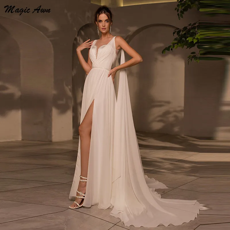 

Magic Awn 2023 Chiffon Wedding Dresses Side Split Illusion Beaded Boho A-Line Bidal Gowns With Long Straps For Women Robe Mariee