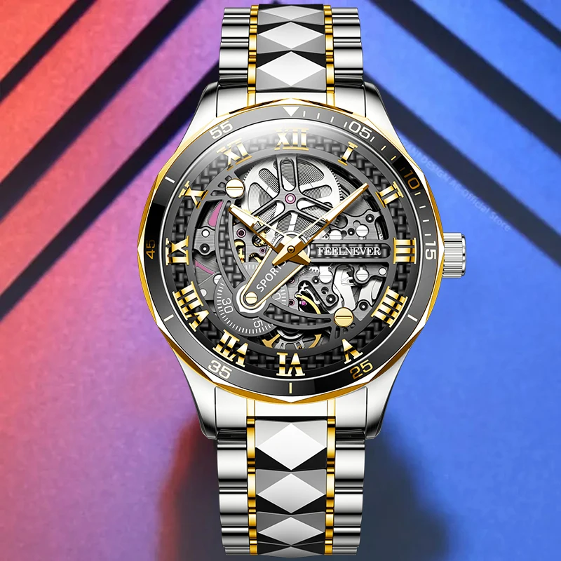 FeelNever Original Design Luxury Automatic Man Watch Hollow Out Business Stainless Steel Band Waterproof Mechanical Watches Male view 2
