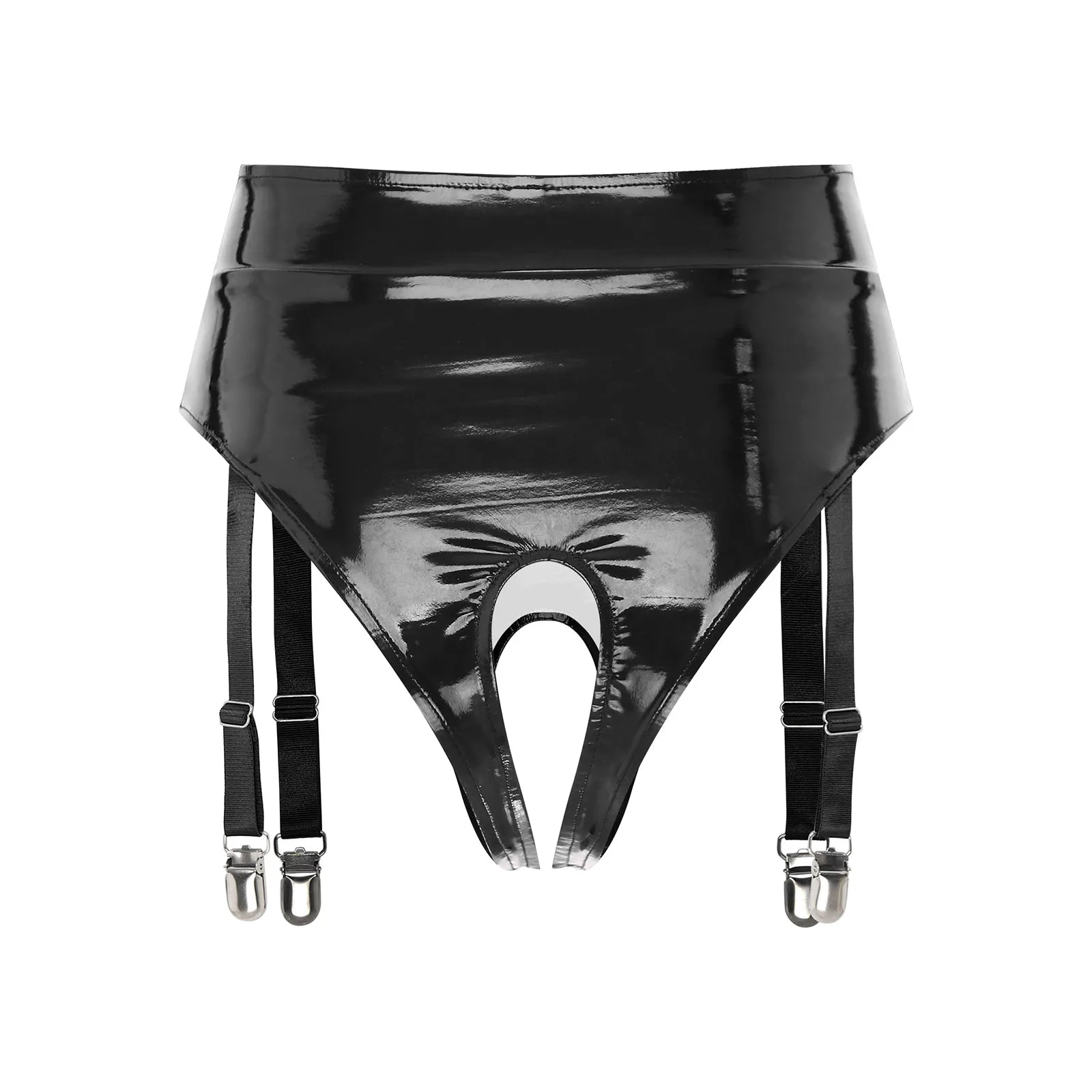 Sexy Womens Patent Leather Underwear with Garter Clips Lingerie Porno High Waist Open Crotch Thong Briefs Underpants Clubwear