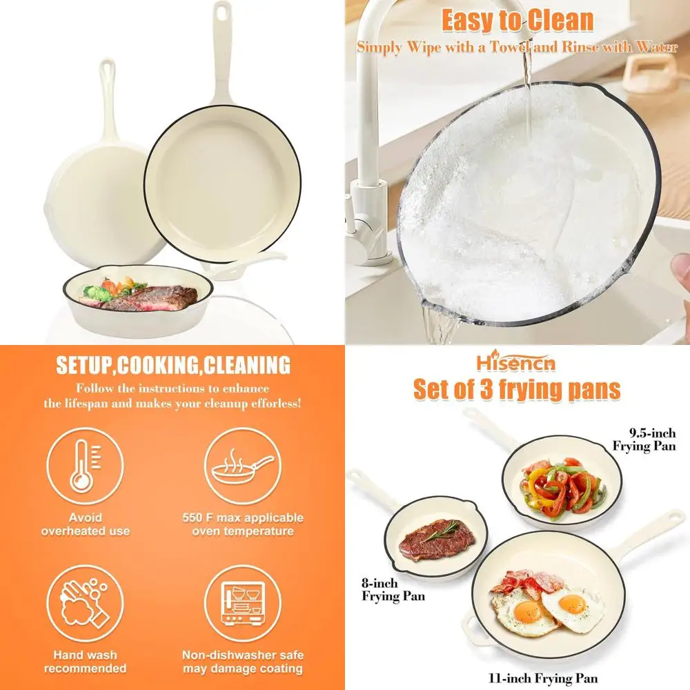 

Набор из 3 чугунных сковород с кремовой эмалью, 8-9.5-11 дюймов, с антипригарным покрытием, для духовки и индукции, подходит для всех типов плит