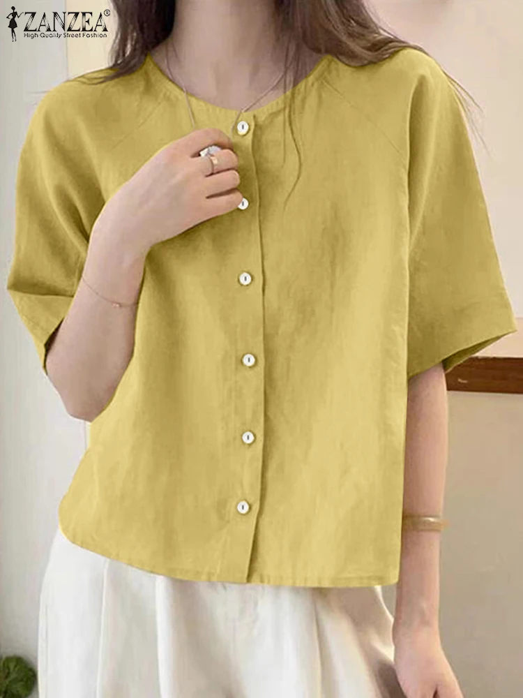 ZANZEA Summer Shirts Women Loose Cotton Tops 2025 Fashion Tunic O Neck Short Sleeve Femininas Casual Buttons Tunic Oversized