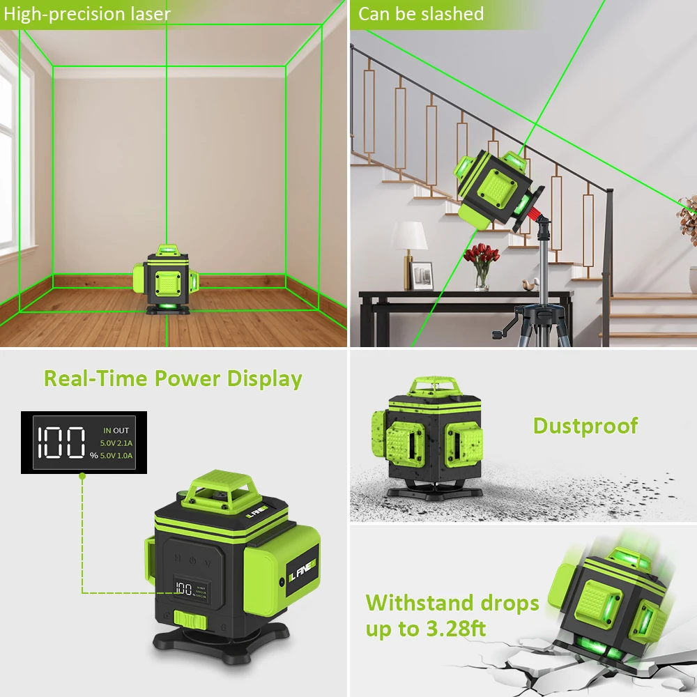 Lfine Nivel Laser 4D 16 Lines 360°Self-leveling Laser Levels withTripod and Suitcase Green Lines Professional Laser Level Tool