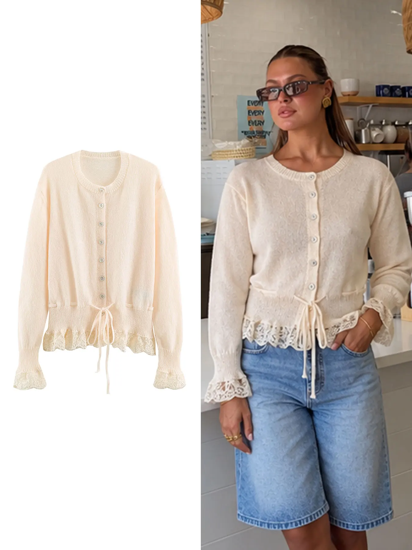 HH Womens Vintage Autumn Single Breasted Drawstring Waist Cardigan Long Flare Sleeves O Neck Lace Trim Casual Autumn Top