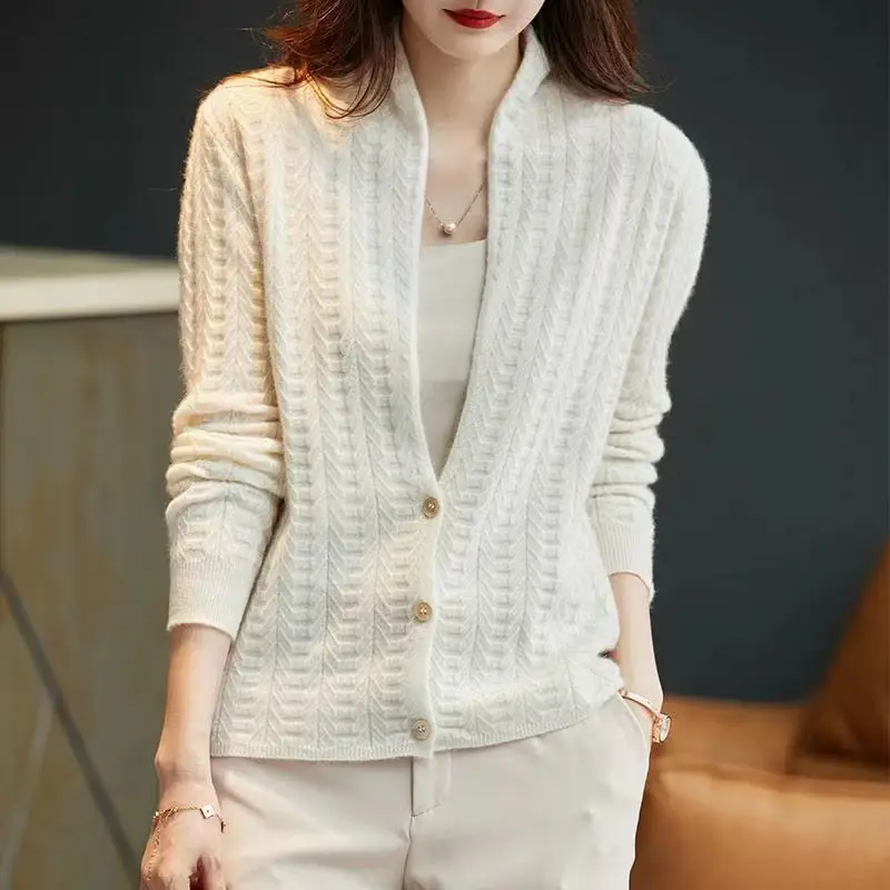 Autumn Winter Elegant Fashion V-neck Solid Sweater Cardigan Women Long Sleeve Button Up All-match Knitting Coat Female Clothes