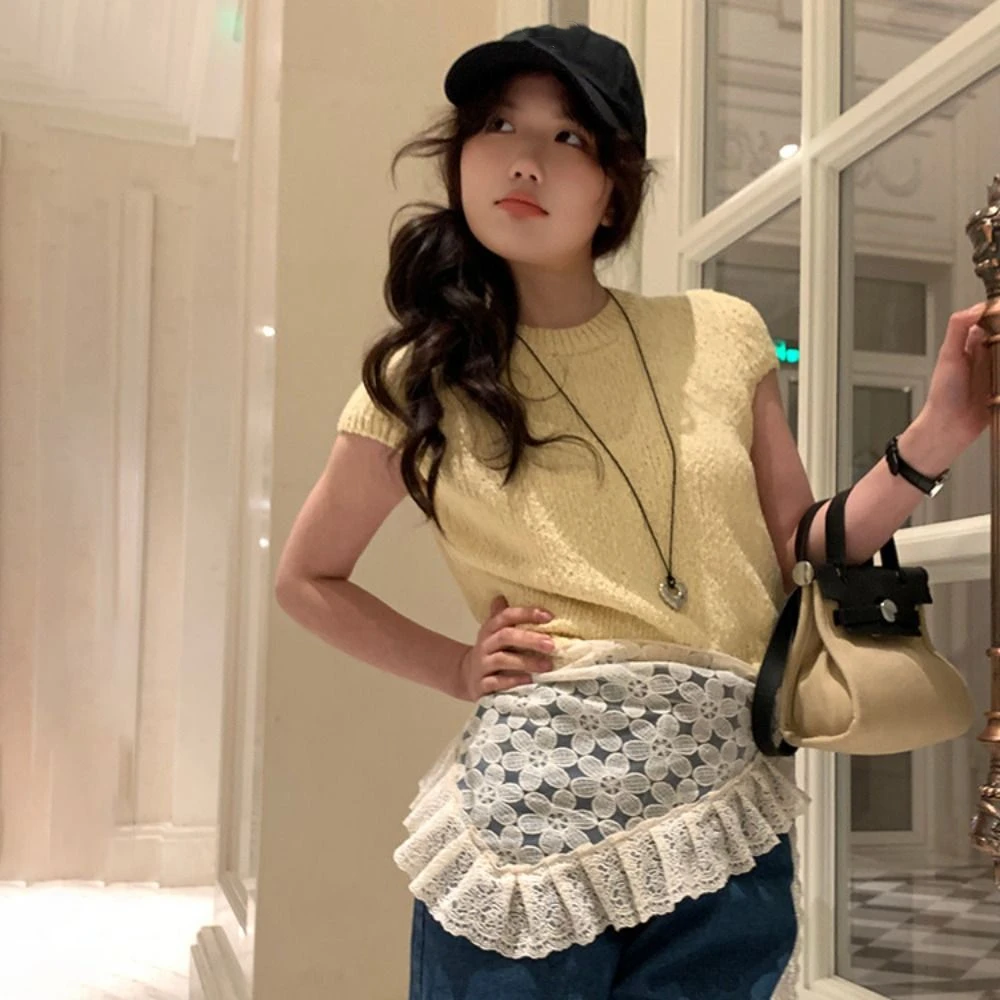 Rok Mini Renda Manis Lembut Rok Kasa Gaya Korea Bunga Rok Tepi Ruffle Bertali Pinggang Tinggi Pesta