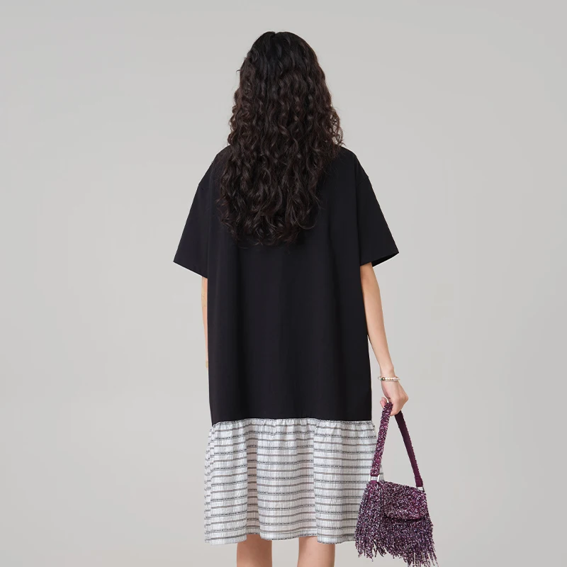MOVEUP Crew Neck Knit Midi Dress Cartoon Animal Embroidery Striped Asymmetrical Ruffle Hem Loose Cool Fabric Dresses 3ELX11323