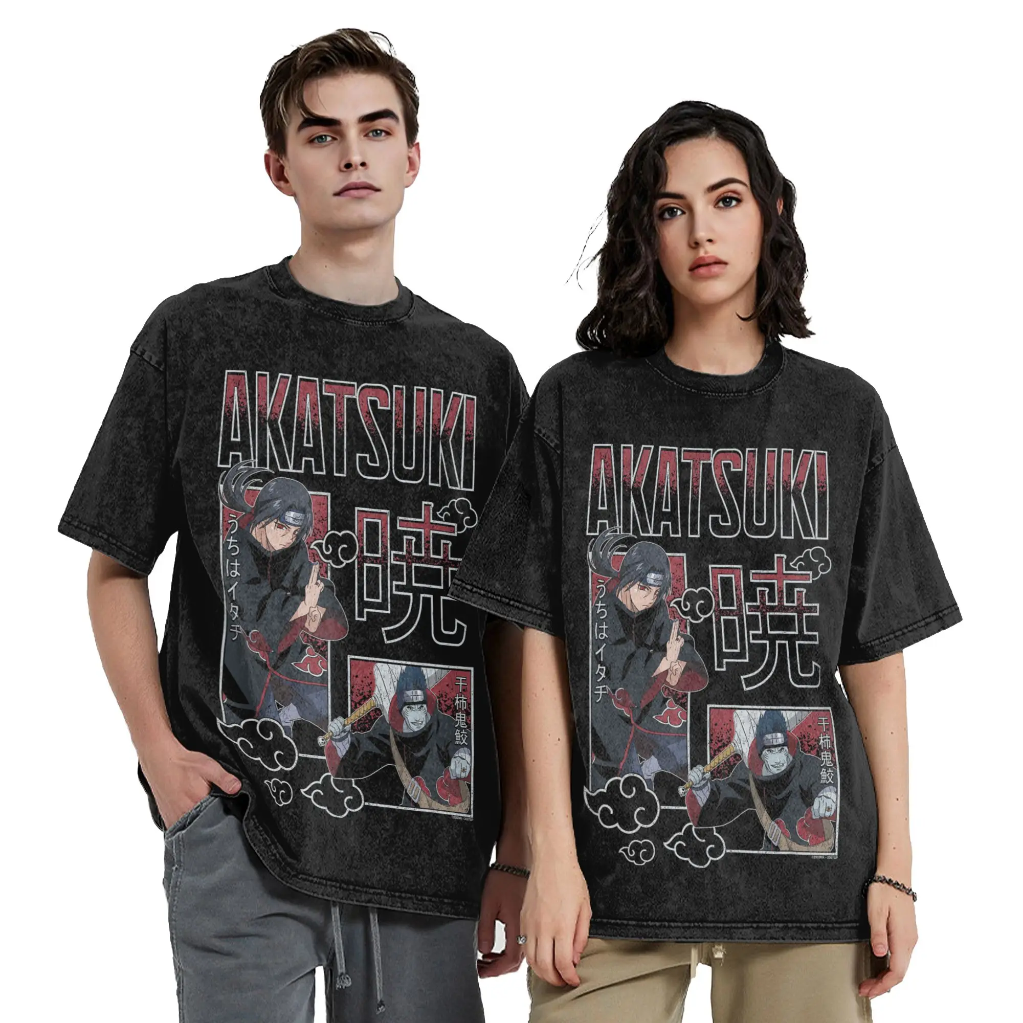 Akatsuki and Kisame Uchiha Collage Action Narutoes Anime Washed T Shirt Streetwear  T-Shirt Tee Shirt for Men Women High Street