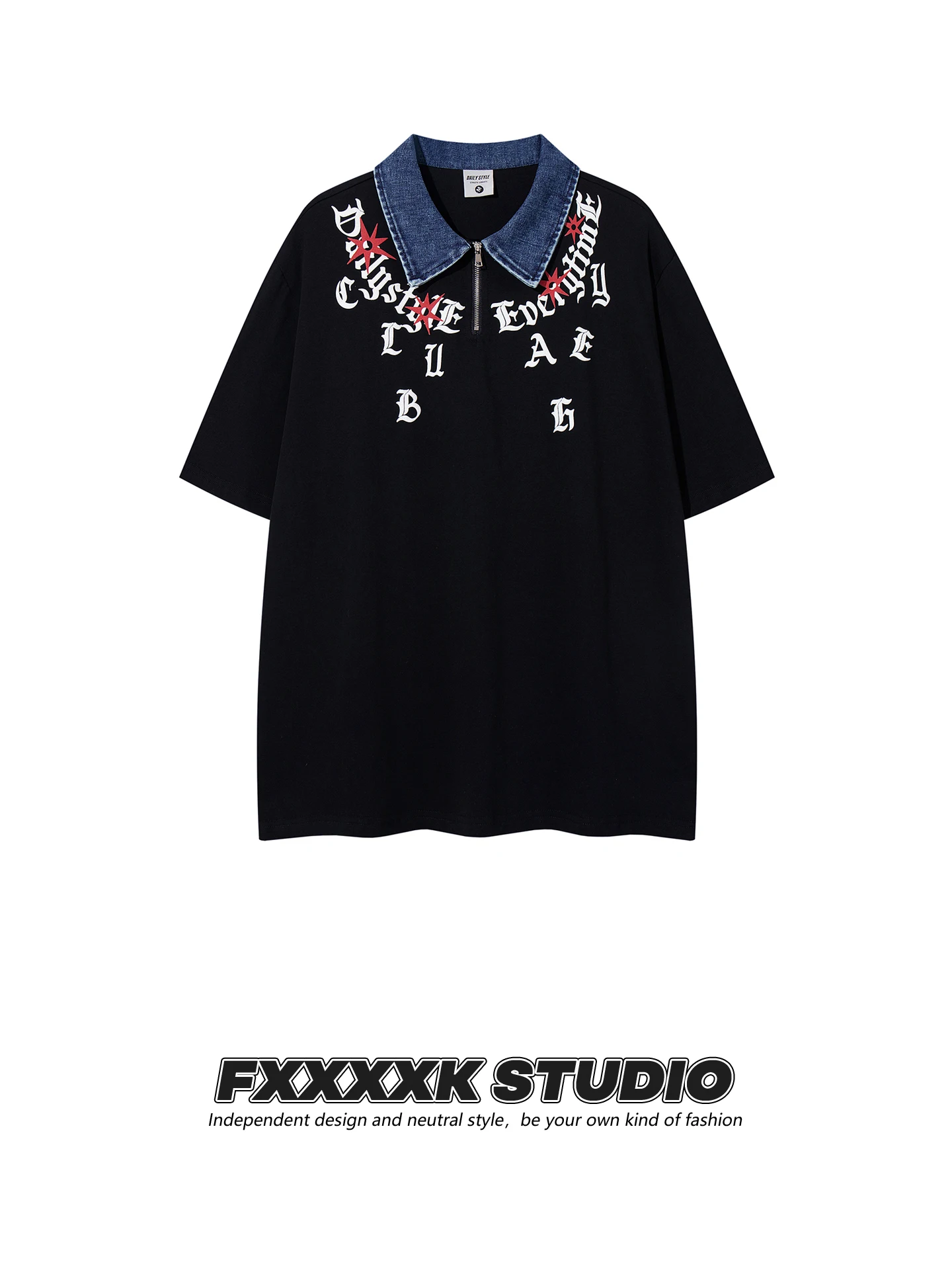 

Оригинальная футболка FXK в стиле хип-хоп, готика, стритстайл, с буквенным принтом, джинсовым воротником, на молнии, с коротким рукавом, свободного кроя, из хлопка.