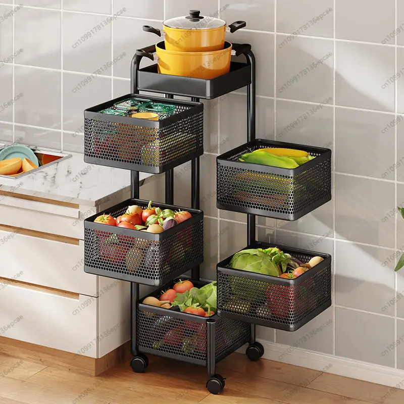 

Black Square rotating rack, kitchen special vegetable storage rack, living room fruit and vegetable floor multi-layer removable