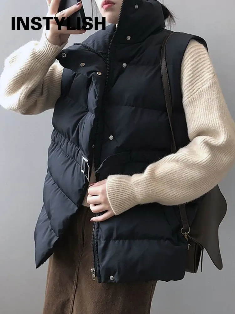 Elegant Puffer Vest Women Winter Stand Collar Sleeveless Jacket Vest with Belt Korean Harajuku Down Coat Casual Waistcoat