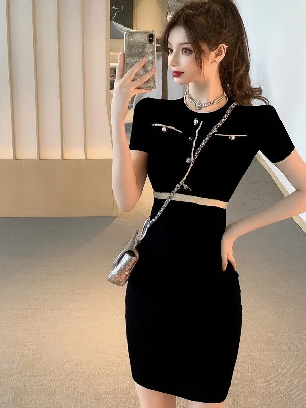 

Summer New Korean Edition New Temperament Small Fragrance Style Fashion Contrast Color Slim Fit High Waist Short sleeved 2OLO