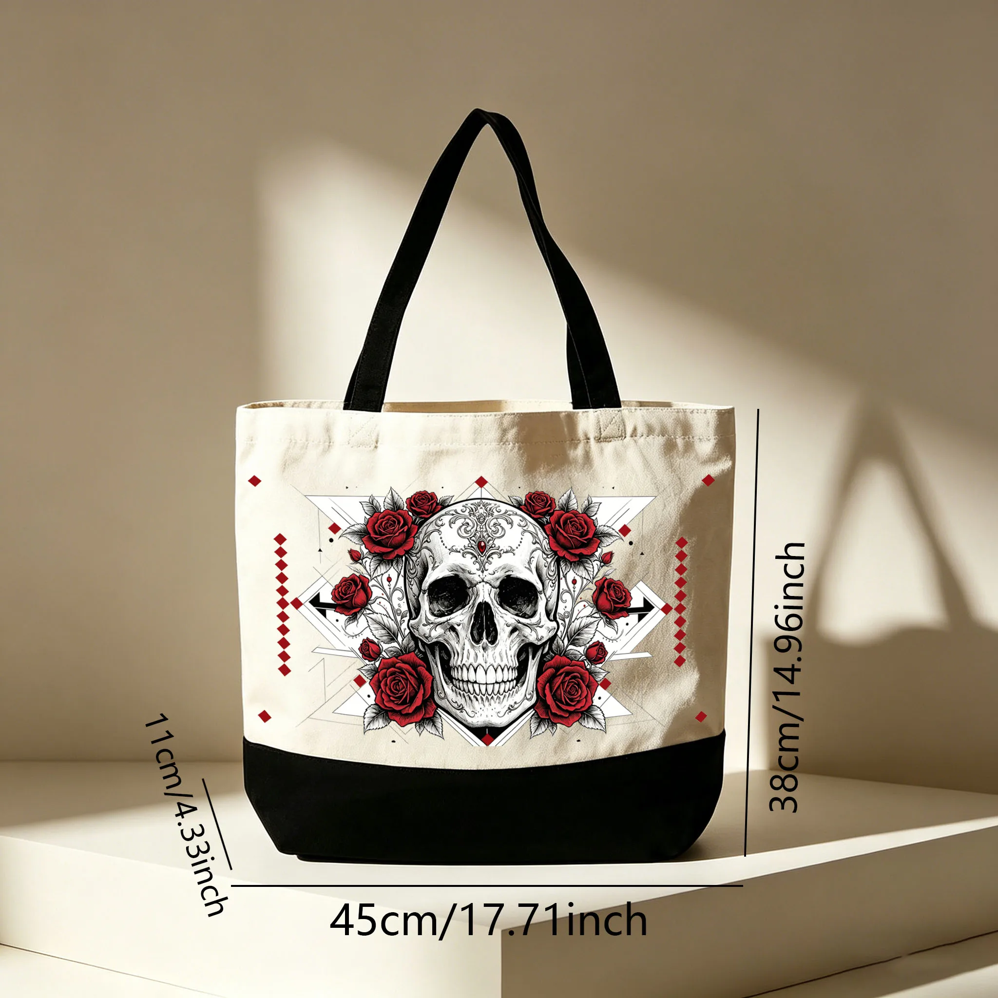 

1PC Rose Skull Canvas Bag Large Capacity Single Shoulder Handbag Eco-Friendly Shopping Bag Durable Tote Bag for Everyday Use