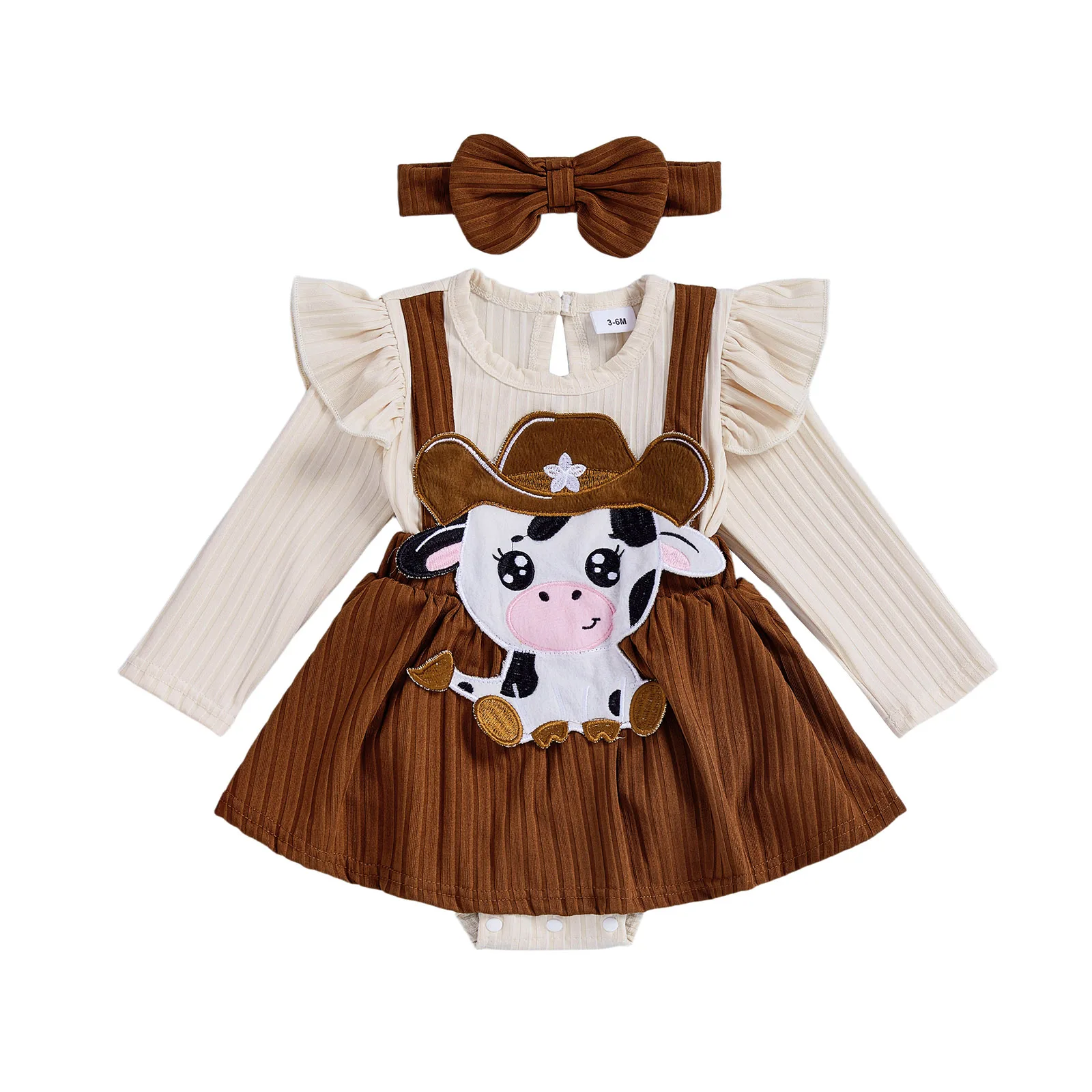 

Baby Girls 2Pcs Fall Outfits Long Sleeve Cow Embroidery Romper with Headband Set Newborn Western Clothes