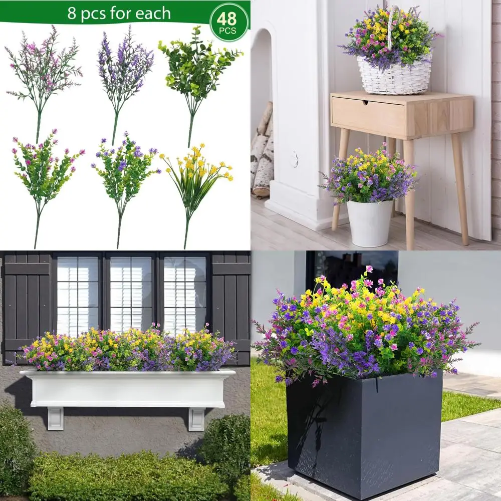 

48-Piece Outdoor Artificial Flowers, UV-Protected Plastic Wildflowers, Bulk or Hanging for Porch, Window, Home, Wedding, Summer