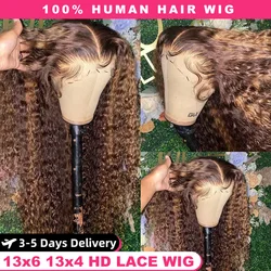 Peluca de cabello humano rizado para mujeres negras, postizo de encaje Frontal ombré de 30 y 34 pulgadas, color rubio miel, HD, ondas profundas