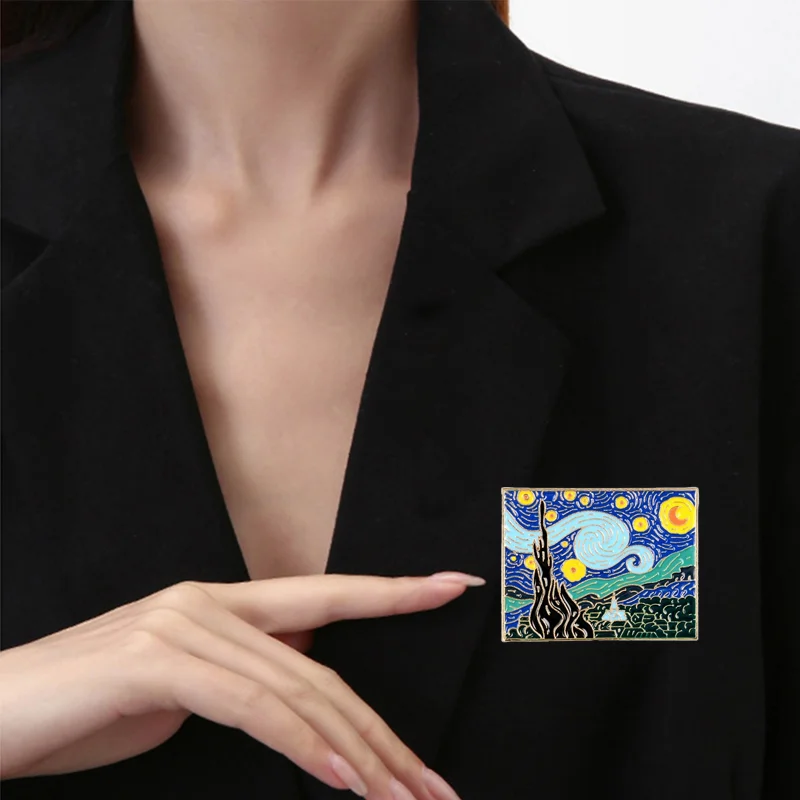 

1pcs Van Gogh Oil Painting Brooch Personalized Sun Moon and Starry Sky Cartoon Creative Metal Badge Brooch Accessories