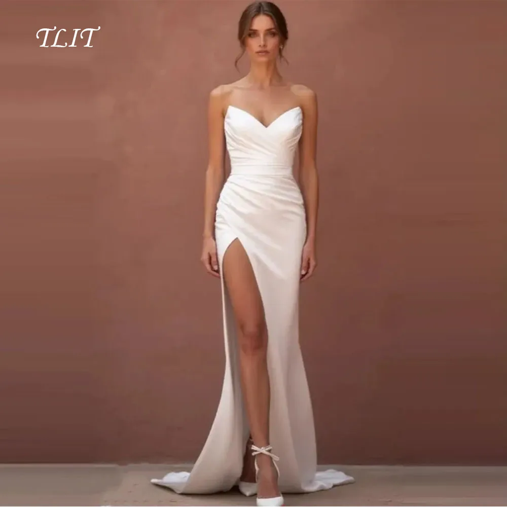 TLIT Sexy Weiß Satin Abendkleider Schatz Ärmellose vestido de noite angepasst High Side Split Spezielle Party Kleider