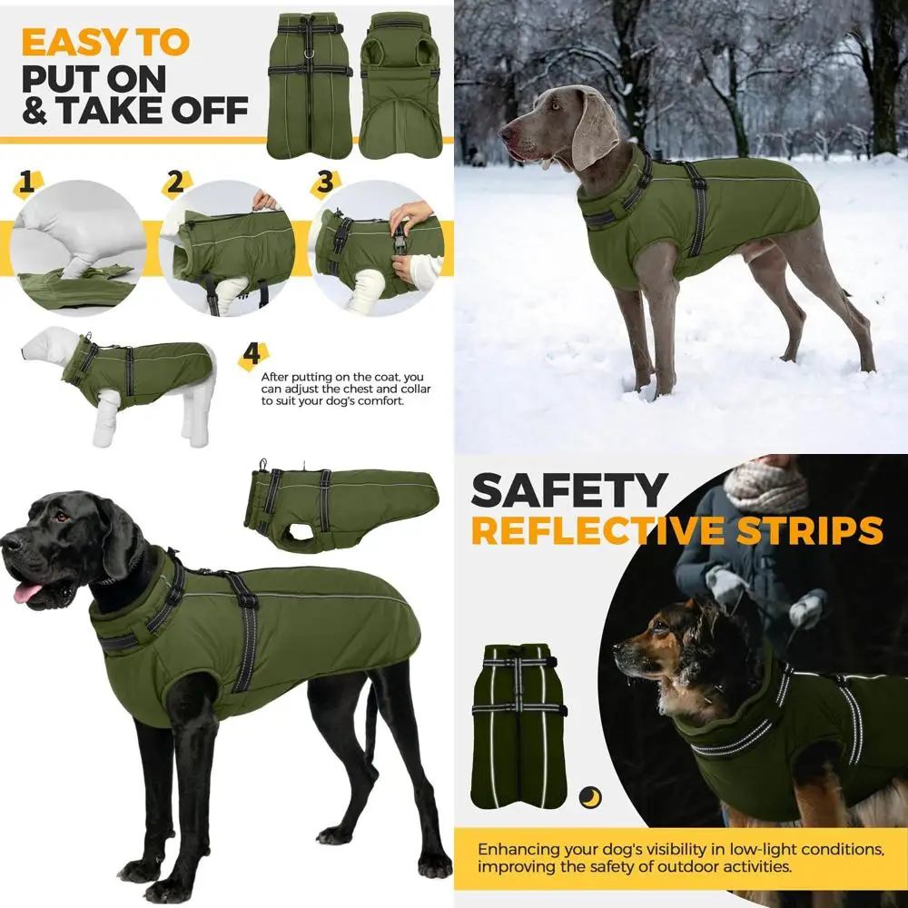 

Водонепроницаемая светоотражающая зимняя куртка со встроенным ремнем для больших собак, теплое пальто для холодной погоды, армейский зеленый цвет, XXXL