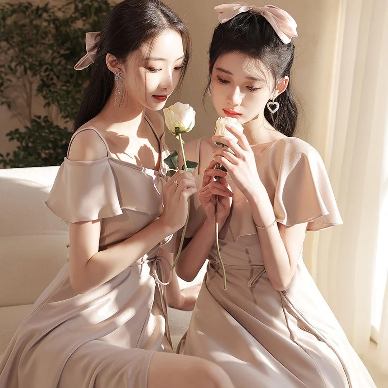 

Pink Satin Maids of Dres Women's New 2025 Spring Versatile High-End Wedding Gowns Sister Gang Ceremony Dres