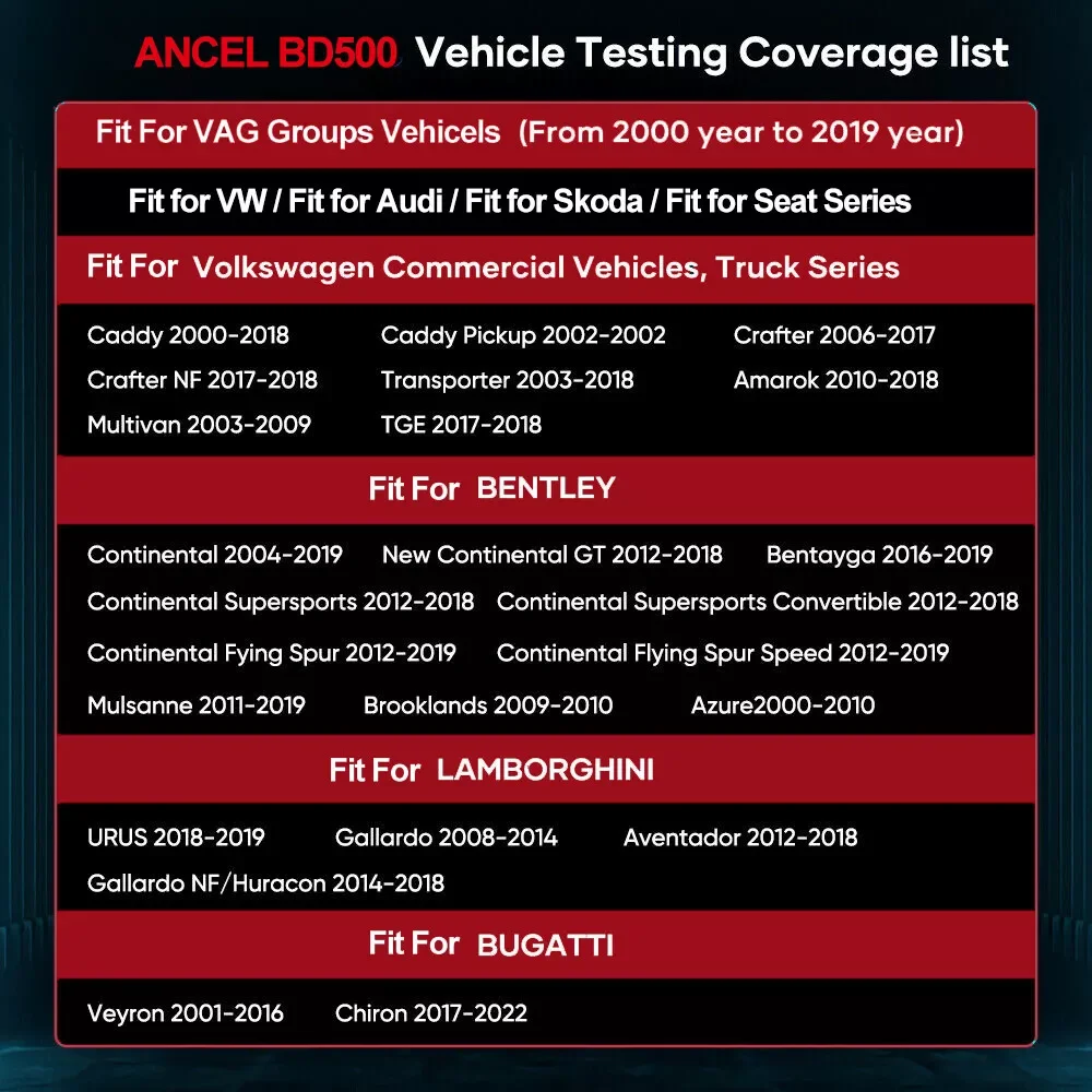 ANCEL-escáner BD500 OBD2 con Bluetooth 5,0, lector de código de coche con EPB/acelerador, todos los sistemas para VW, Audi, Seat, Skoda