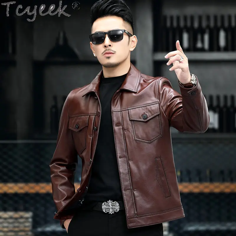 Tcyeek Genuine Leather Jacket Men Top Layer Cowhide Coats Autumn Mens Clothes Motocycle Jackets New Leather Coat Jaqueta Couro