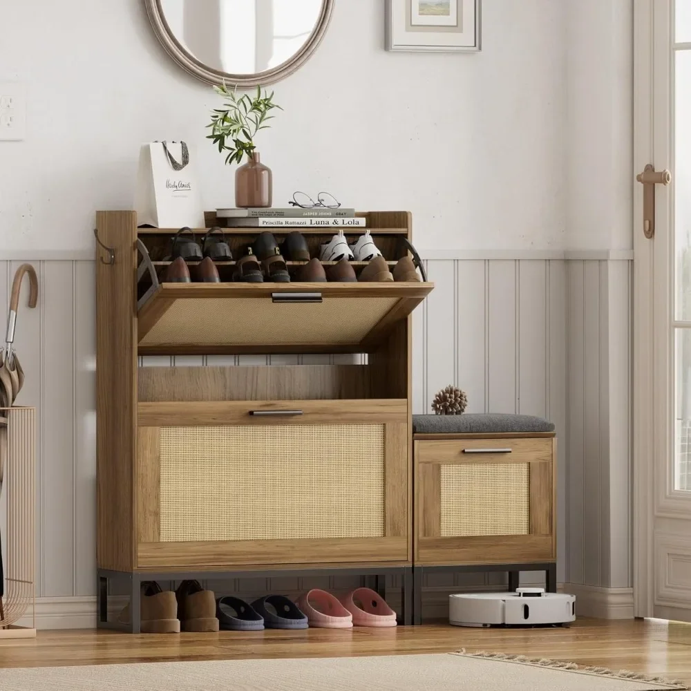 

Shoe cabinet with bench, wicker entrance shoe cabinet, equipped with 2 flip drawers and hooks, modern narrow wooden shoes