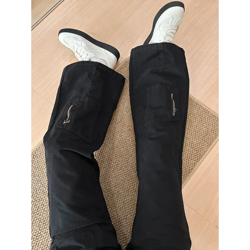 Women's Multi Pocket Micro Flared Black Cargo Jeans Personalized Trousers Cool Girl Casual Bottoms Female Street Denim Pants