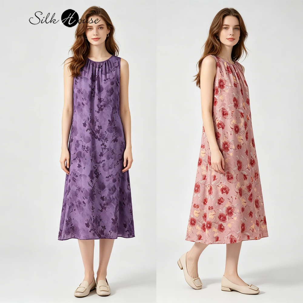 

2026 Women's Casual Summer New 100% Natural Mulberry Silk Crepe De Chine Loose Round Neck Sleeveless Printed Dress