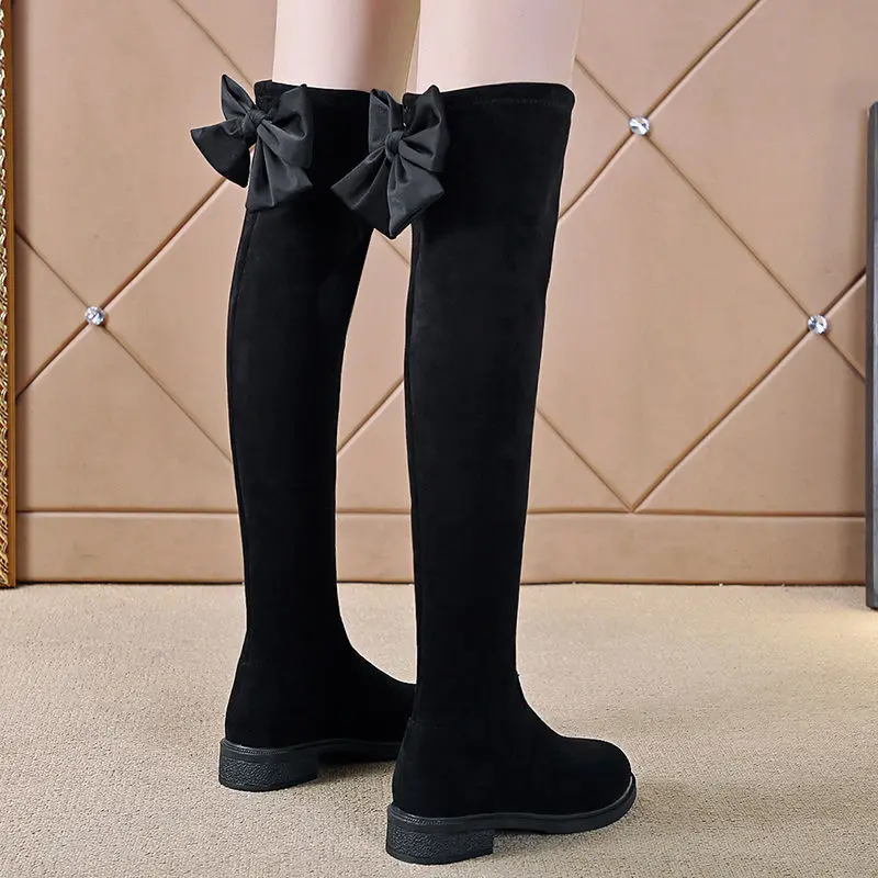 

2025 New Slimming All Match Low Heel Lace Up Over Knee Bow Tie Women Black Suede Round Toe High Boots Spring Autumn Work