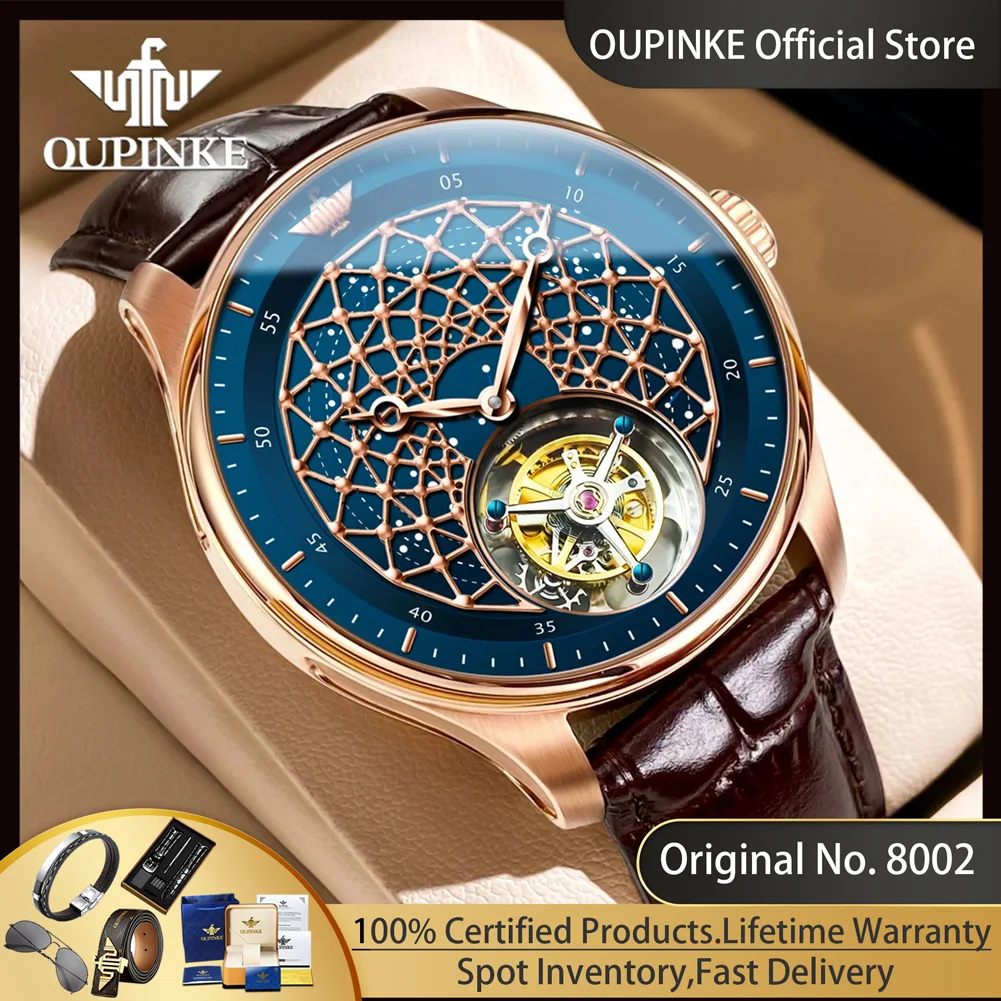

OUPINKE 8002 Tourbillon Mechanical Watch for Men High-end Leather Strap Sapphire Mirror Skeleton Flywheel Luxury Brand Man Watch