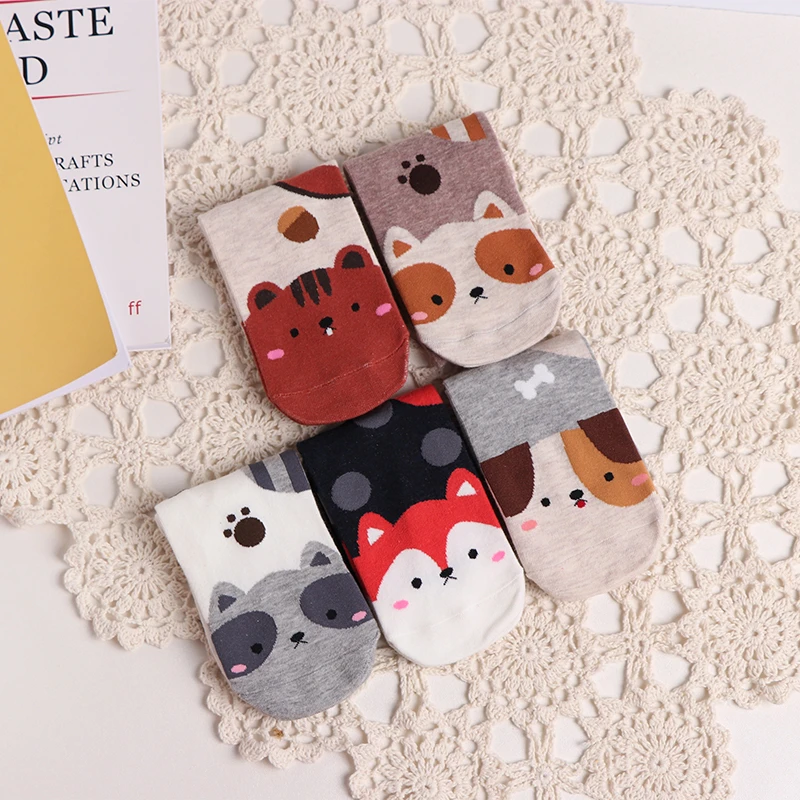 Spring Autumn Women Cute Crew Socks Kawaii Cartoon Animal Fox Dog Squirrel Raccoon Paw Print Funny Female Casual Mid Tube Socks