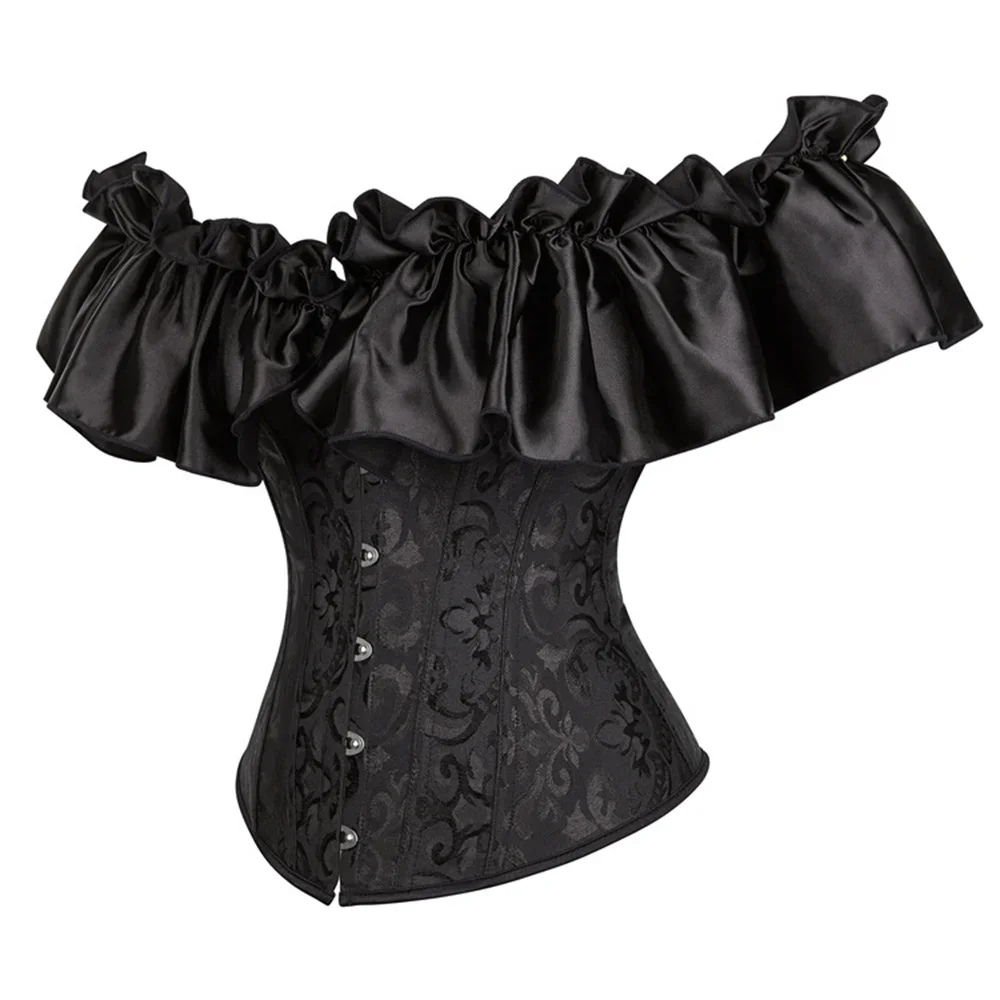 Women Vintage Jacquard With Satin Lace Bustiers And Corset Top Off Shoulder Ruffles Overbust Body Shaper Corset Fashion