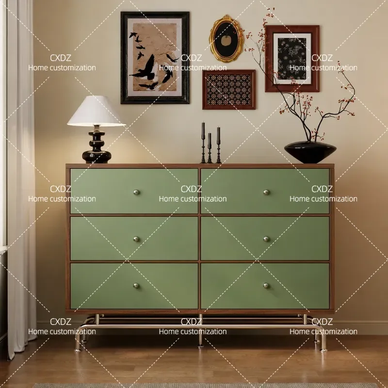 Retro Green Solid Wood Chest of Drawers Simple Floor Standing Locker Bedroom Bedside Cabinet Wall Integrated Storage Unit