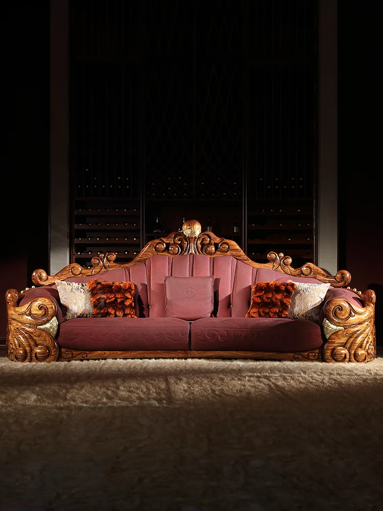 ヨーロッパの革張りの無垢材ソファ組み合わせヴィラ大型アパートハイエンド高級黒檀木彫りの花家具K3