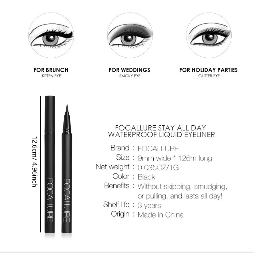 FOCALLURE Liquid Eyeliner Pen Make Up 24 Hours Long Lasting Waterproof Ink Quick Drying Eyeliner