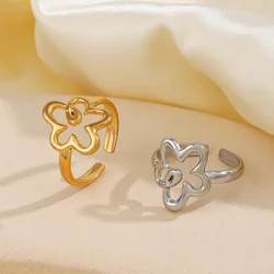 Cute Hollow Flowers Stainless Steel Rings for Women Girls Gold Color Korean Trend Open Rings Wedding Jewelry Gifts 2023 New