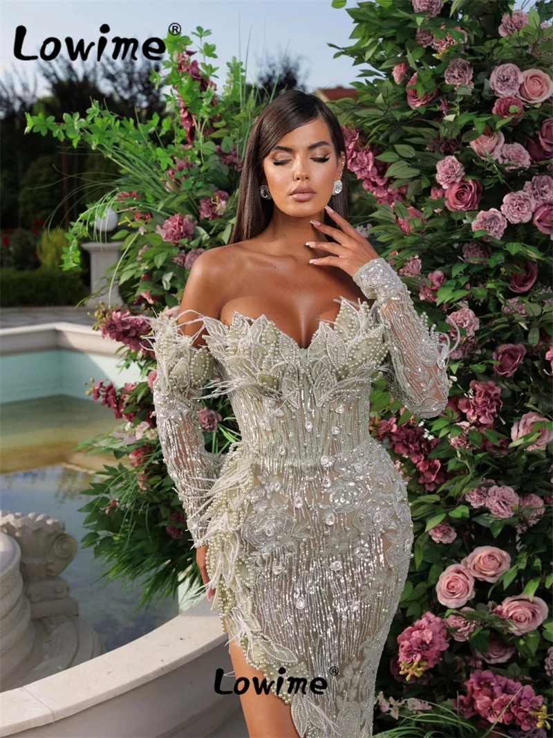 Mint Green Beaded Party Dress Arabic Long Sleeve Off The Shoulder Customized Feathers Beaded Stones Crystals Evening Gowns 2023