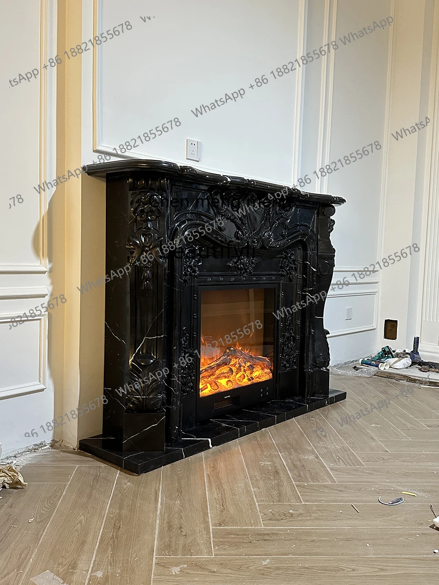 

Y183Marble fireplace stone carving European black and white root relief TV decorative stone mantel
