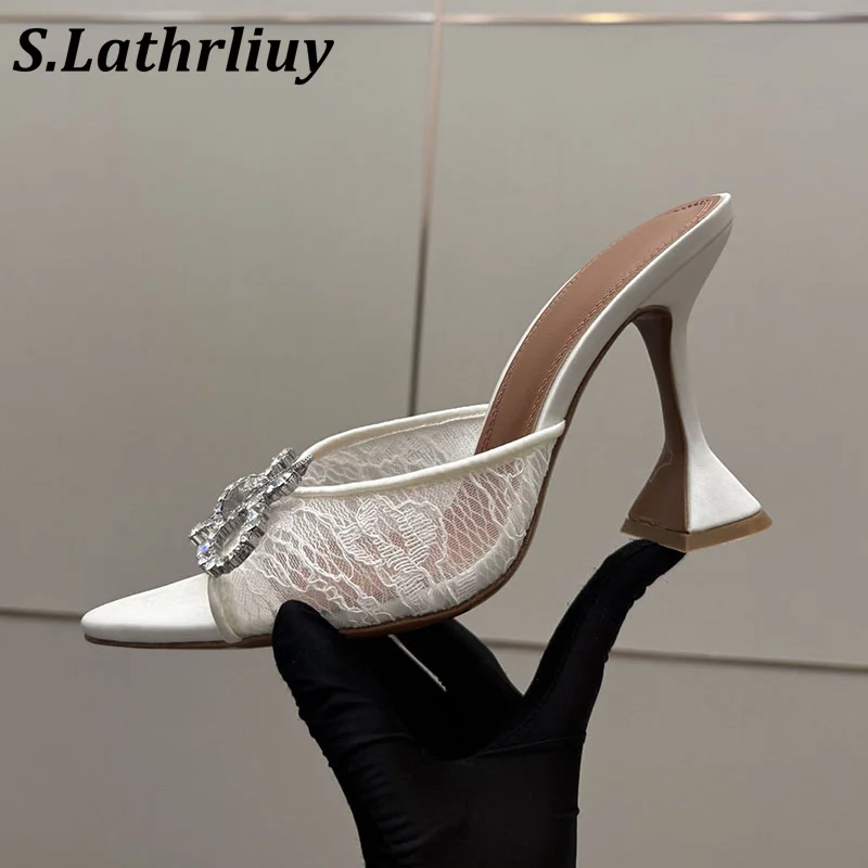 Summer lace office high-heeled commuting sandals with butterfly bow crystal decoration fashionable party high-heeled slippers