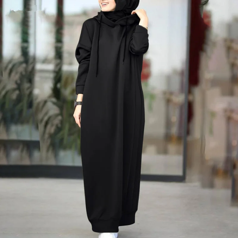 Muslim Dress Autumn/Winter Women\'s Sweatshirt Fashion Hooded Long Sleeve Long Dress Casual Solid Color Hooded Tank Top Robe