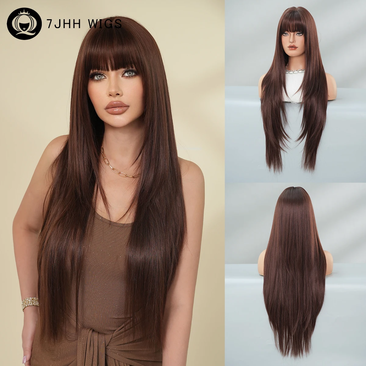 

Длинный прямой мокко-коричневый парик для женщин для ежедневного использования, синтетические многослойные коричневые парики высокой плотности, аккуратная челка, термостойкие, 33,46 дюйма
