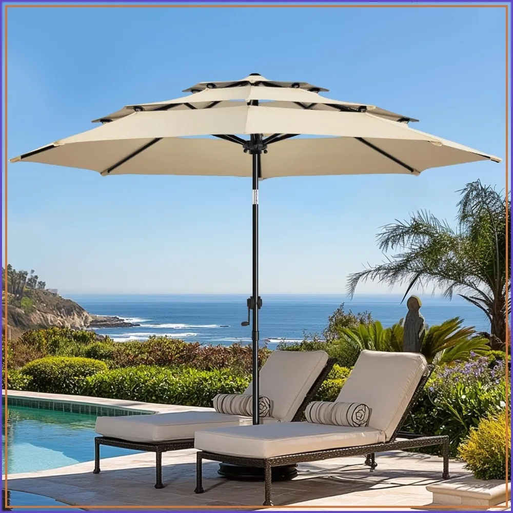 9ft 3-Tier Patio Umbrella with Push Button Tilt & Crank, Waterproof Polyester Canopy for Garden, Lawn, Deck, Backyard & Pool, Beige