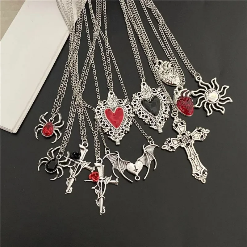 11Pcs Gothic Necklace Set Spider Heart Batwing Rose Cross Sun Heart Pendant Silver Chain Punk Y2K Women's Jewelry