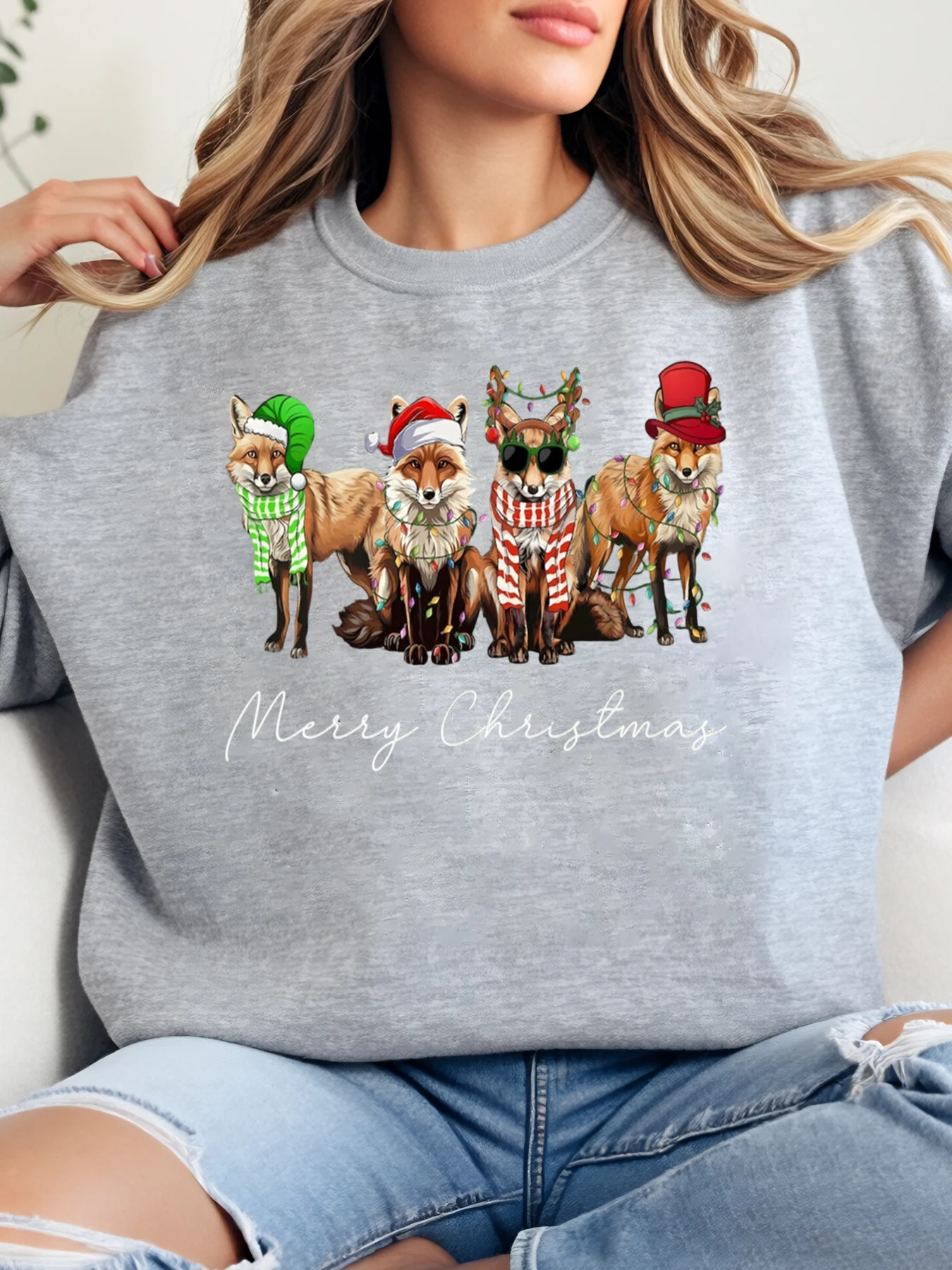 

Толстовка с круглым вырезом и рождественским узором в виде лисы, женская праздничная вечеринка, повседневная одежда, серый, больших размеров