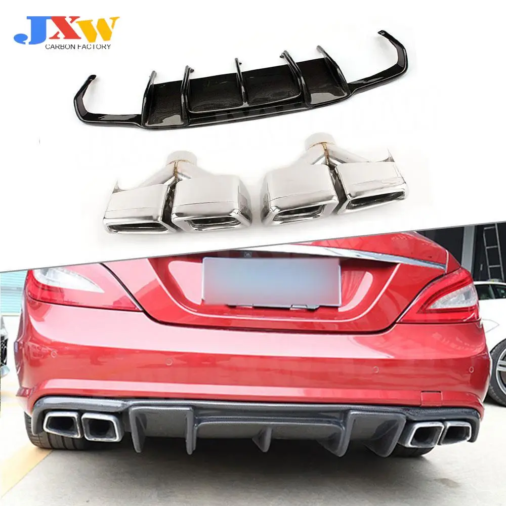 

Carbon Fiber Rear Diffuser Bumper Lip Spoiler For Benz W218 CLS Class CLS350 CLS63 AMG 2011-2018 4 Outlet Exhaust Tips FRP Kits